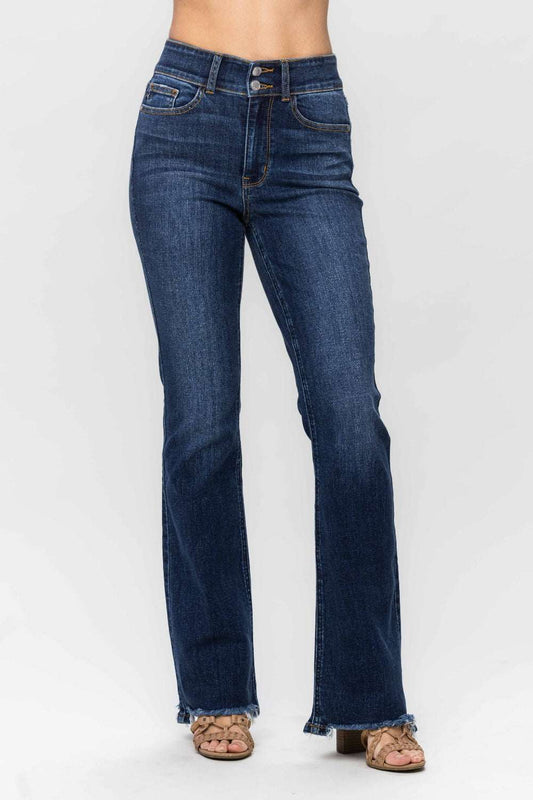 Judy Blue Full Size Frayed Hem Bootcut Jeans with distressed detailing and moderate stretch, featuring a flattering silhouette.