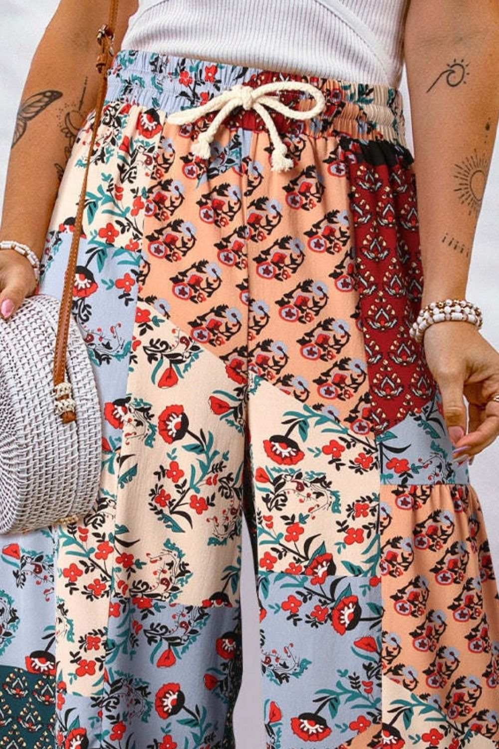 Full Size Drawstring Printed Wide Leg Pants