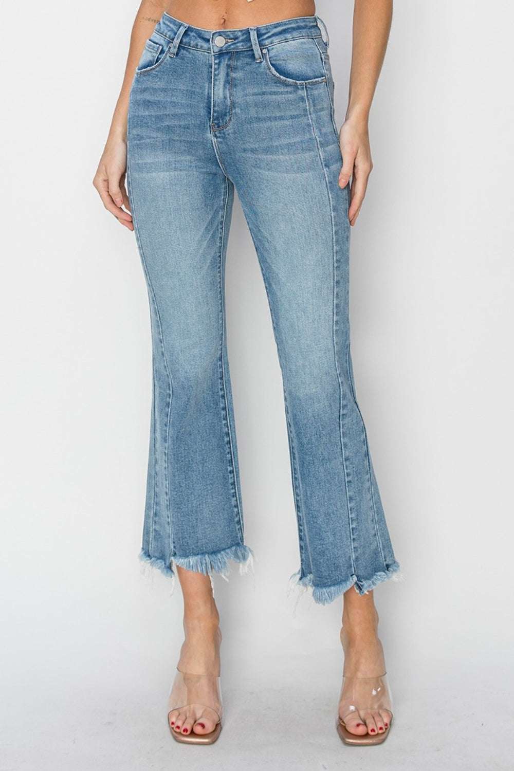 RISEN Full Size High Rise Frayed Hem Flare Jeans, trendy high-rise denim with flare legs and frayed hem.