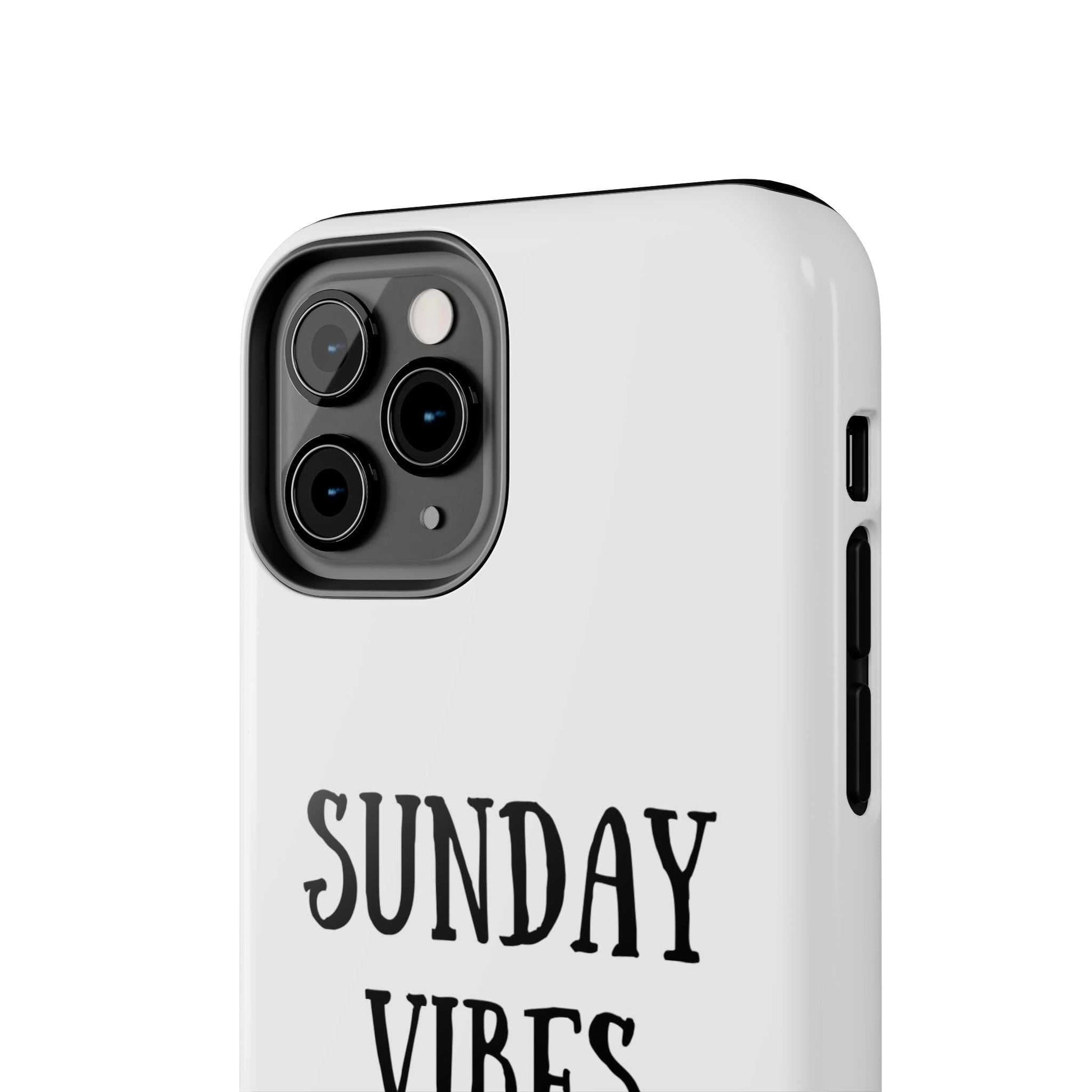 Phone case with 'Sunday Vibes' sun graphic design, durable Lexan plastic, glossy finish.