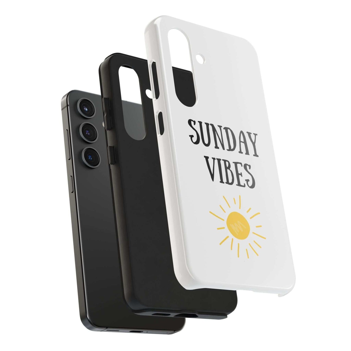 Phone case with 'Sunday Vibes' sun graphic design, Lexan plastic, screen protection bezel.