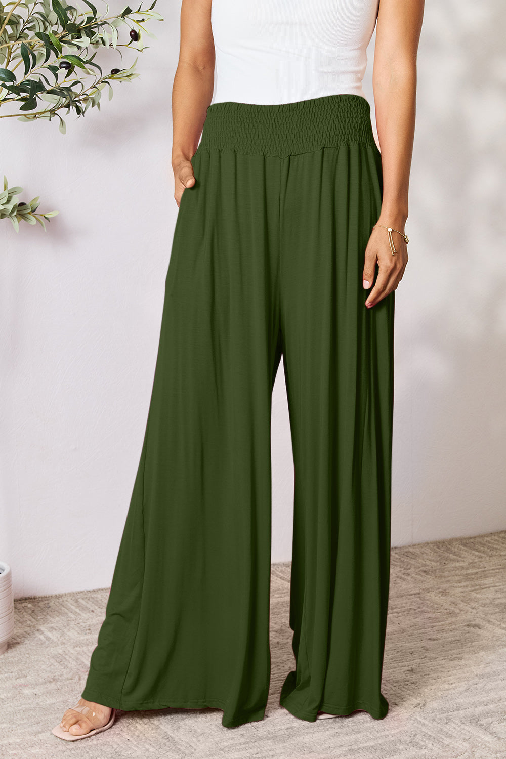 Basic Bae Full Size Smocked Wide Waistband Wide Leg Pants