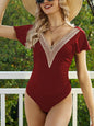 Ruffled V-Neck Cap Sleeve One-Piece Swimwear with Lace Detail