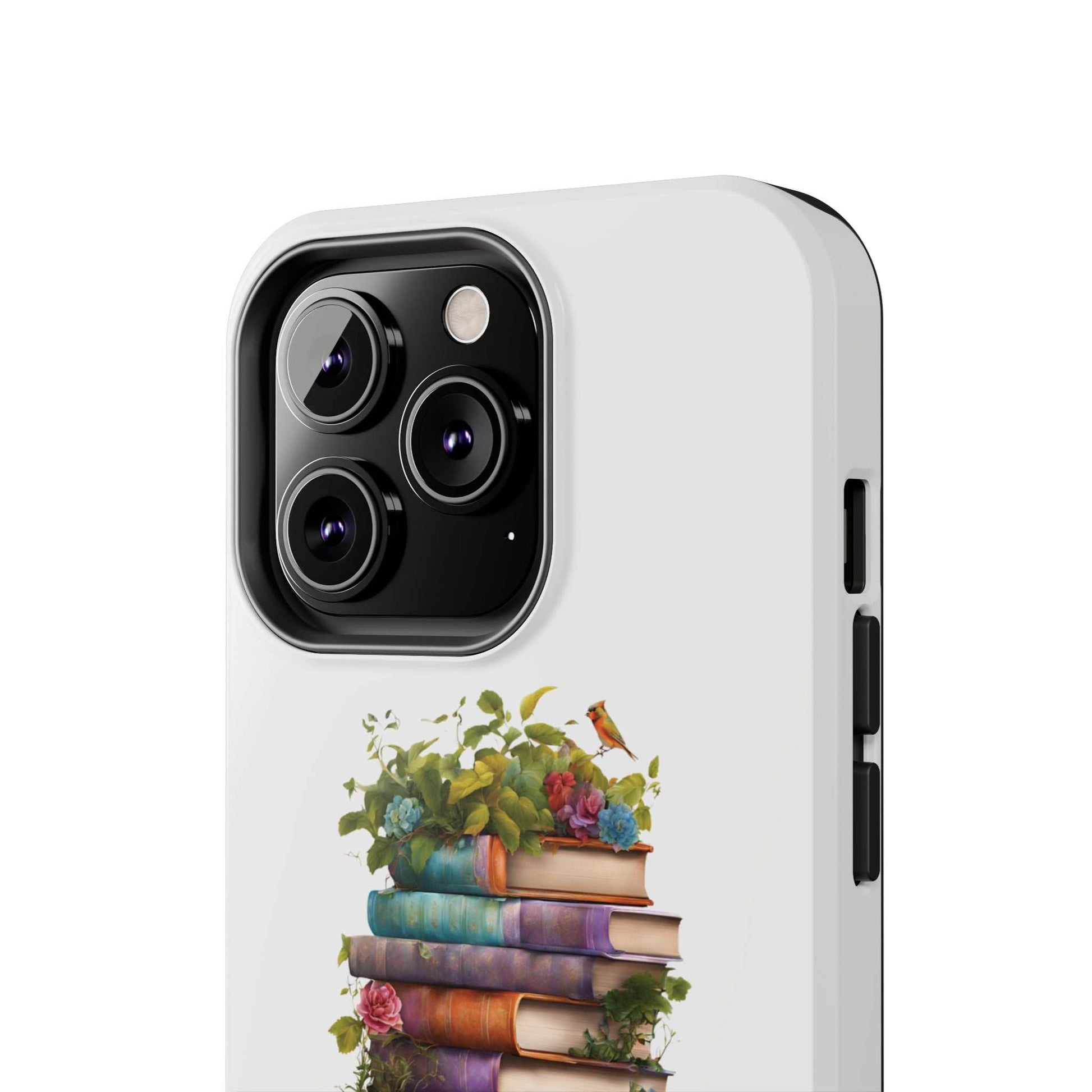 Phone case with book pile design, durable Lexan plastic, ideal for book lovers.