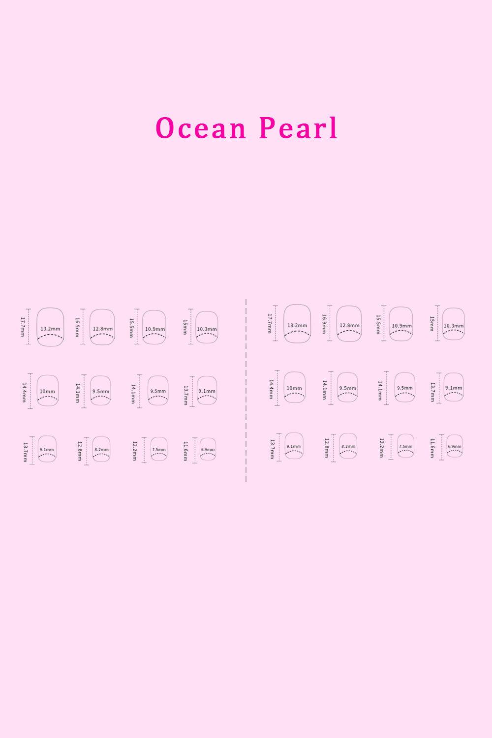 Ocean Pearl press-on nail sizes chart on pink background.