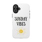 Phone case with 'Sunday Vibes' text and sun graphic design, durable Lexan plastic.