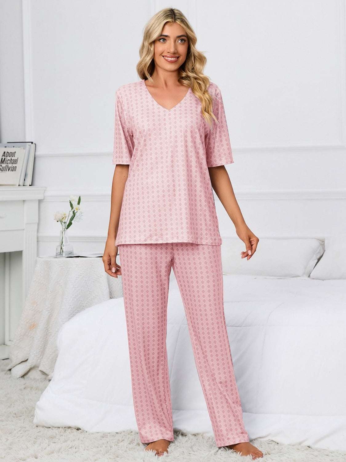 Printed V-Neck Top and Pants Lounge Set in pink, basic style, polyester, slightly stretchy, two-piece matching set.