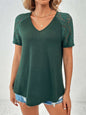 Ivy Lane Lace Detail V-Neck Short Sleeve T-Shirt in green with lace accents and moderate stretch.