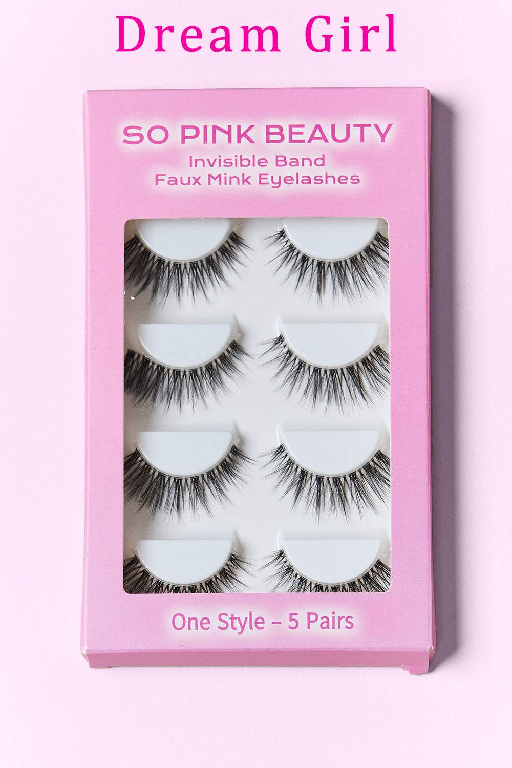 SO PINK BEAUTY Faux Mink Eyelashes 5 Pairs in pink packaging, featuring natural, lightweight lashes with a transparent band.