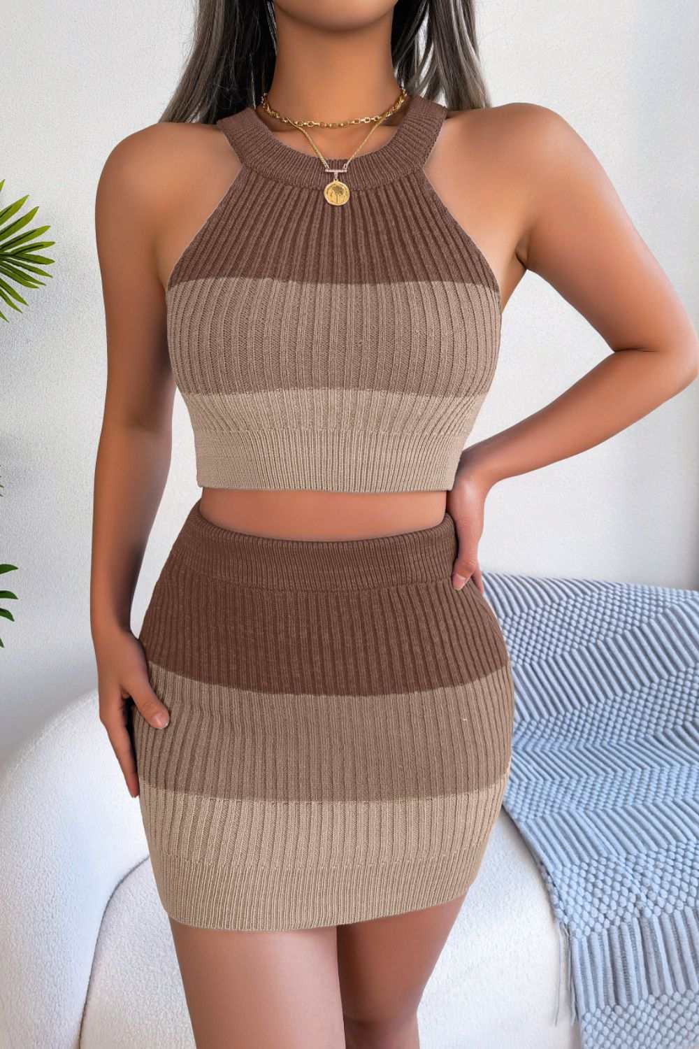 Color Block Sleeveless Crop Knit Top and Skirt Set Brown