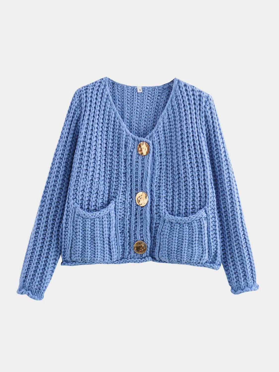 Blue button down long sleeve cardigan made of 100% acrylic.