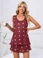 Heart Scoop Neck Tank and Shorts Lounge Set with heart pattern, basic style, polyester-spandex blend.