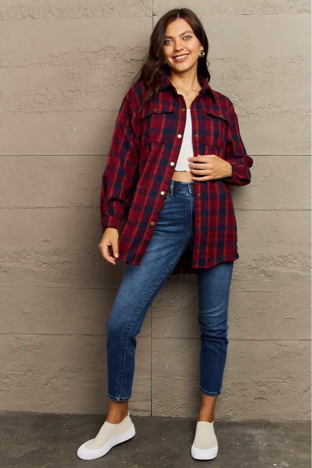 Ninexis Full Size Plaid Collared Neck Button-Down Long Sleeve Jacket Deep Red