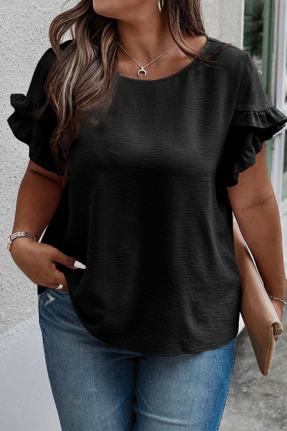 Plus size ruffled round neck short sleeve blouse in black, 100% polyester.