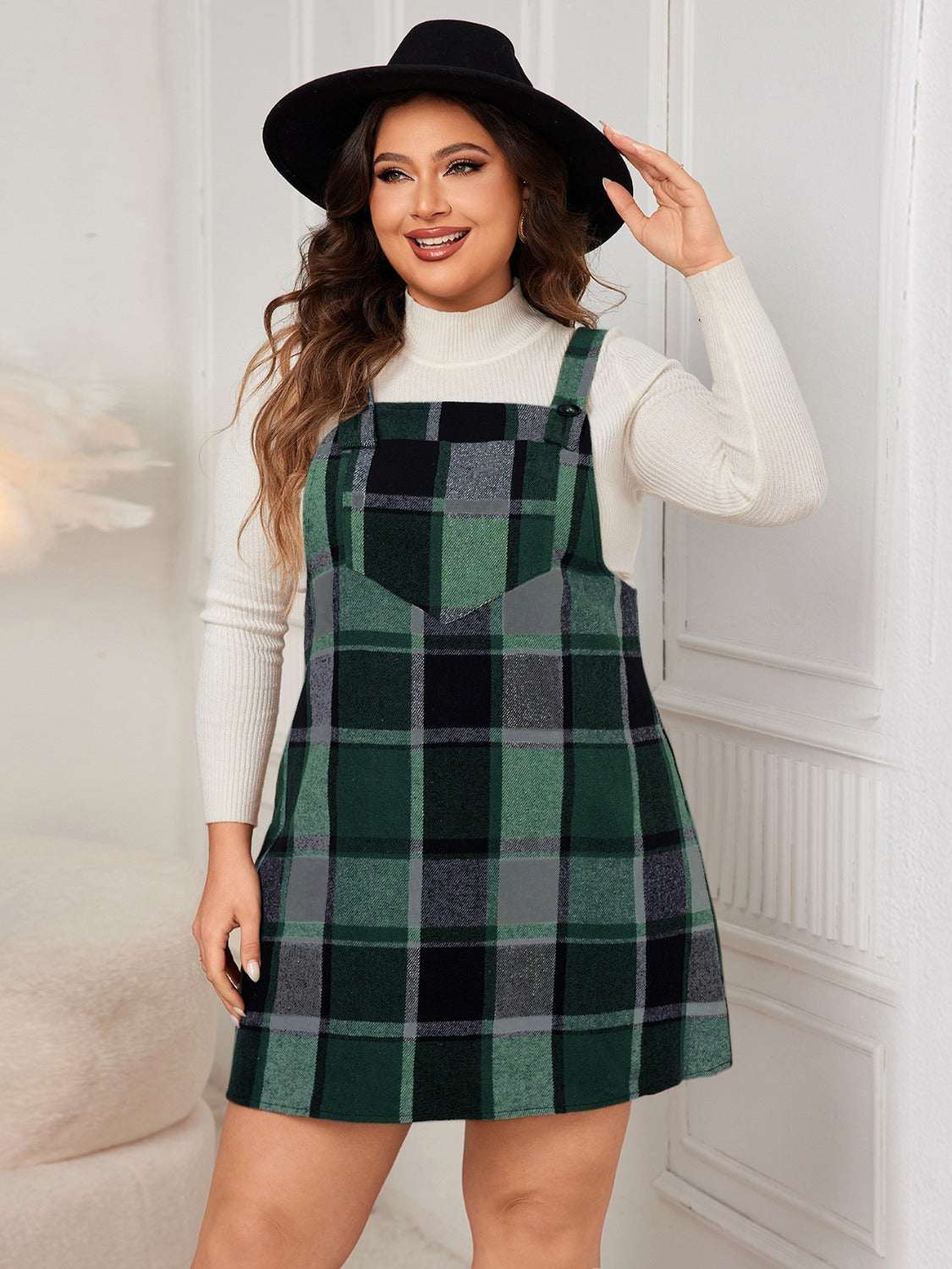 Honey Plus Size Plaid Wide Strap Overall Dress Dark Geen