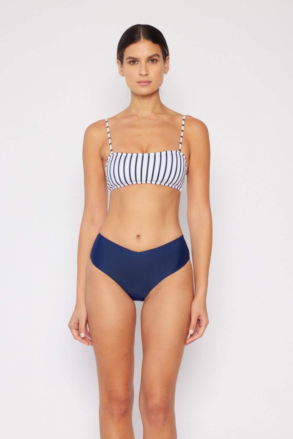 Marina West Swim Striped Bikini Set with bandeau top and scoop bottom, featuring classic stripes and removable padding.