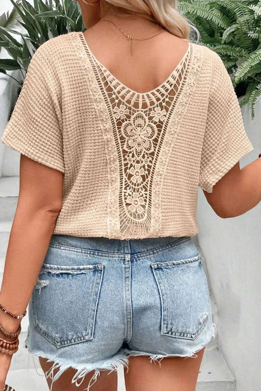 Plus size textured lace round neck short sleeve t-shirt, back view.