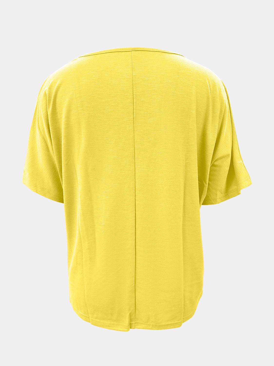 Full-size scoop neck short sleeve t-shirt in yellow, back view.