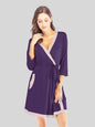 Tie waist surplice neck robe with pockets, slightly stretchy, cotton blend, in navy color.