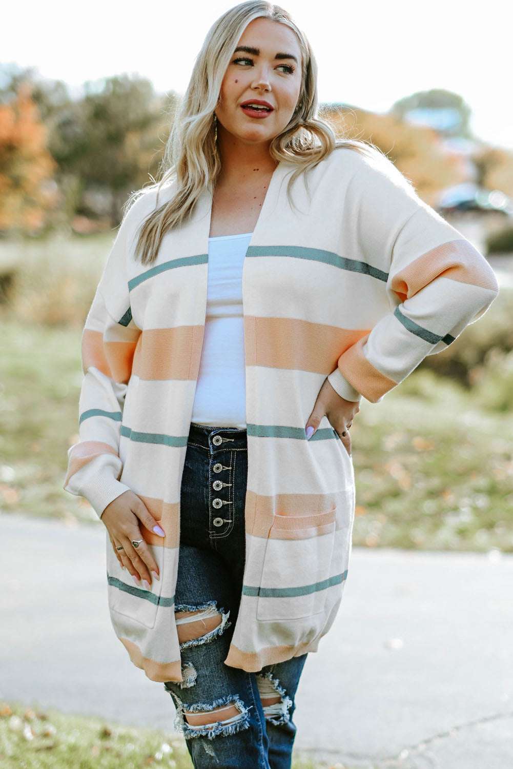 Plus Size Striped Open Front Cardigan Beige