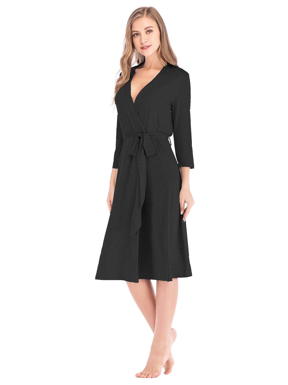 Plunge Tie Front Night Dress, slightly stretchy, black, 95% cotton 5% spandex, available in multiple sizes.