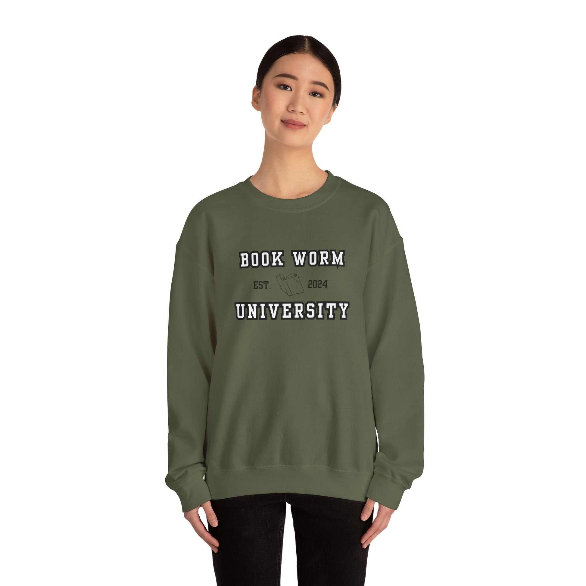 Bookworm University Crewneck Sweatshirt with 'Est 2024' design in green, featuring cozy cotton-polyester blend.