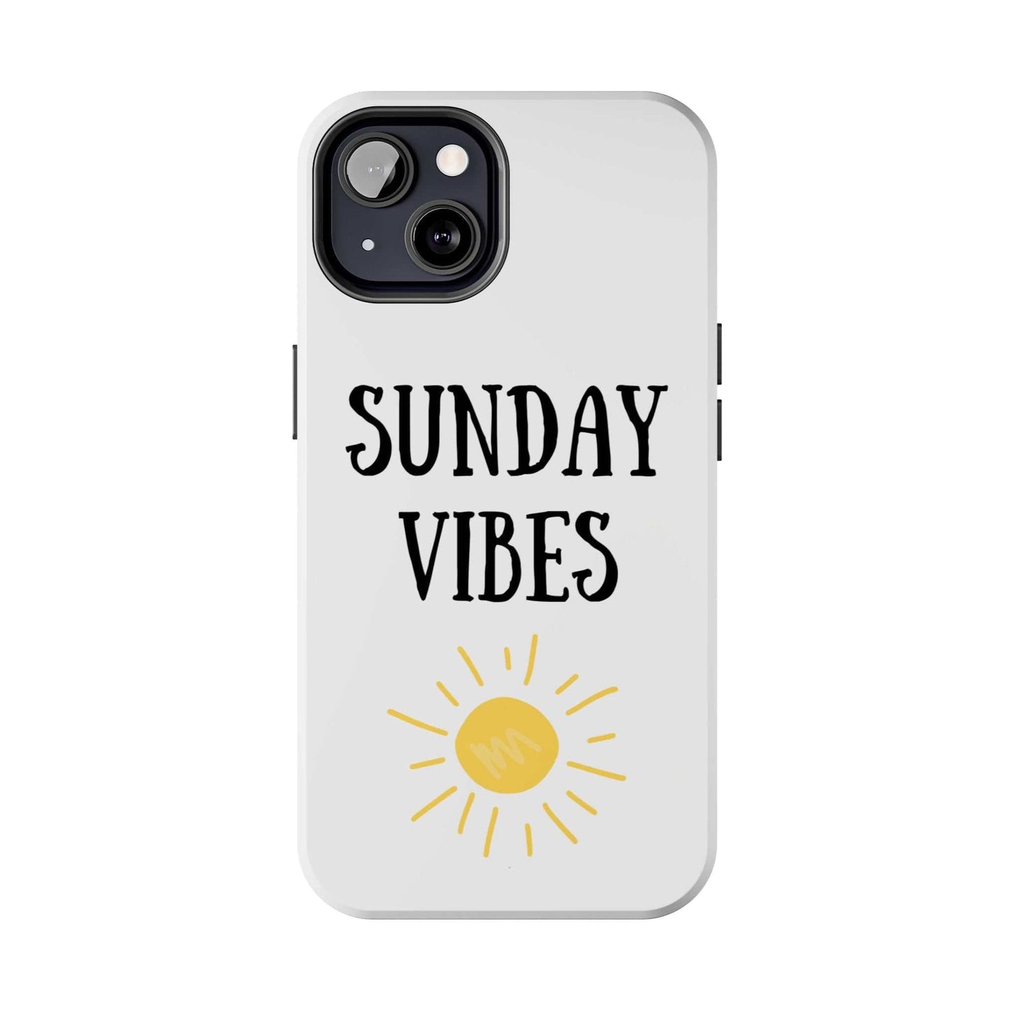 Phone case with 'Sunday Vibes' sun graphic design, durable Lexan plastic, glossy finish.