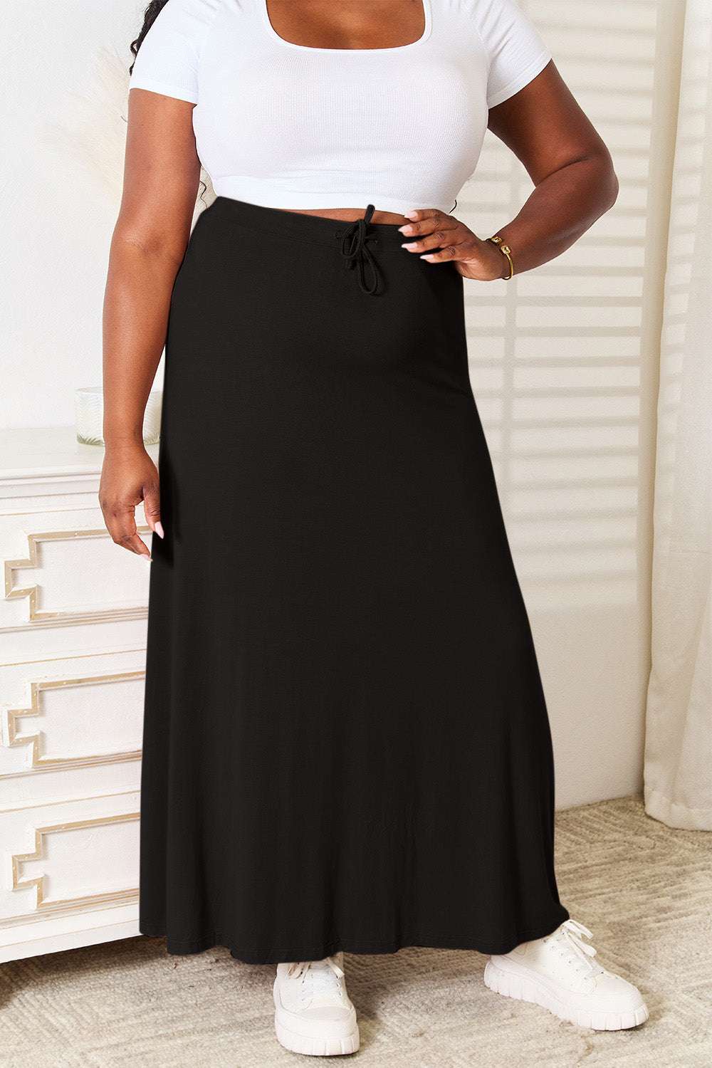 Double Take Full Size Soft Rayon Drawstring Waist Maxi Skirt Black