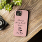 Baby pink phone case with "Messy Hair, Don't Care" quote and girl illustration, stylish and trendy design for women.