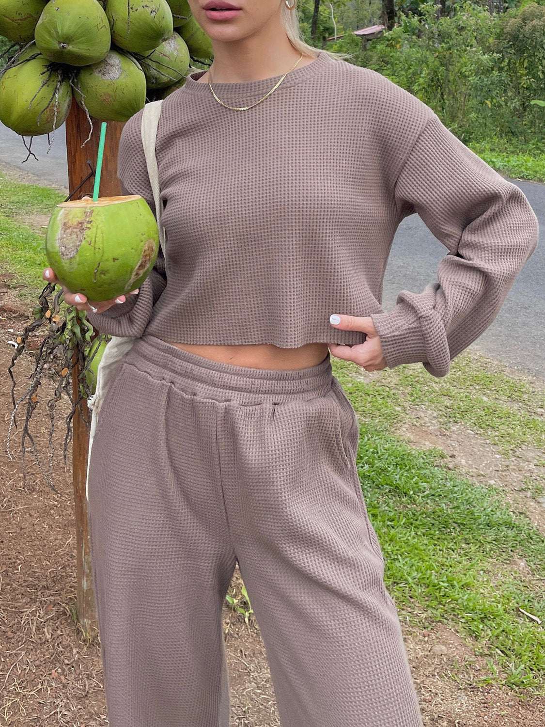 Waffle-Knit Round Neck Top and Pants Set in brown, featuring a comfortable and stylish two-piece design.