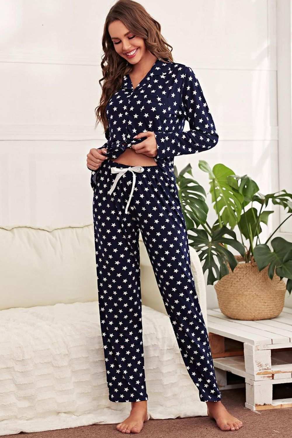 Star print button-up shirt and pants lounge set, lapel collar, long sleeves, slightly stretchy, minimalist style.