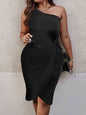 Plus size twisted one shoulder sleeveless midi dress in black.