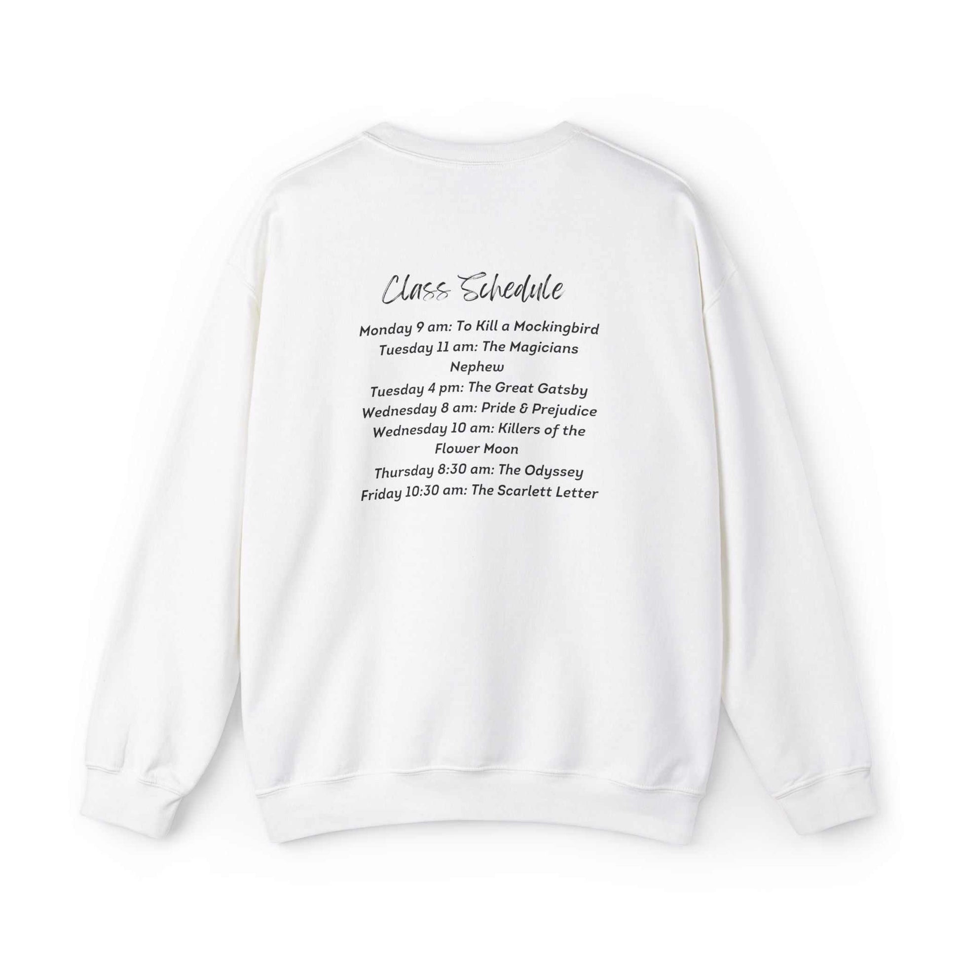 Bookworm University Crewneck Sweatshirt - Est 2024 Design with class schedule print on back, white, cozy cotton-polyester blend.