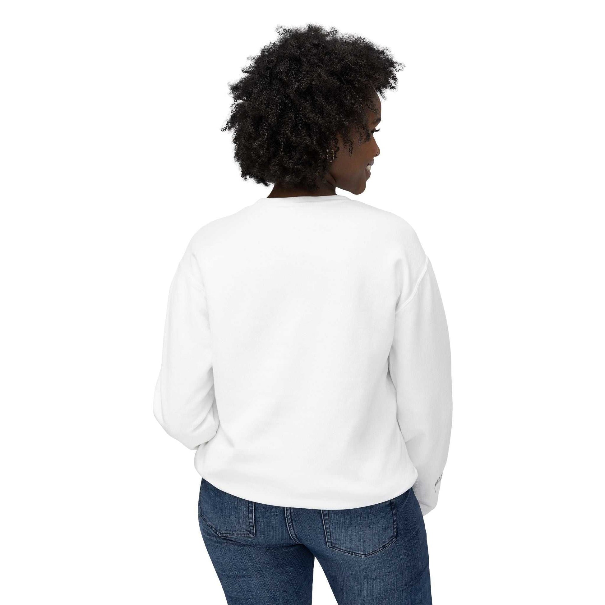 Back view of a woman wearing the Queens Mystery Sweatshirt in white, showcasing a casual, relaxed fit.