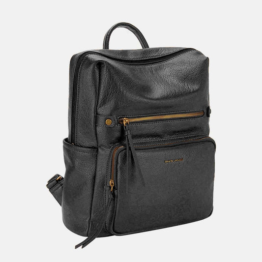 David Jones PU Leather Backpack Bag with adjustable straps and multiple compartments.