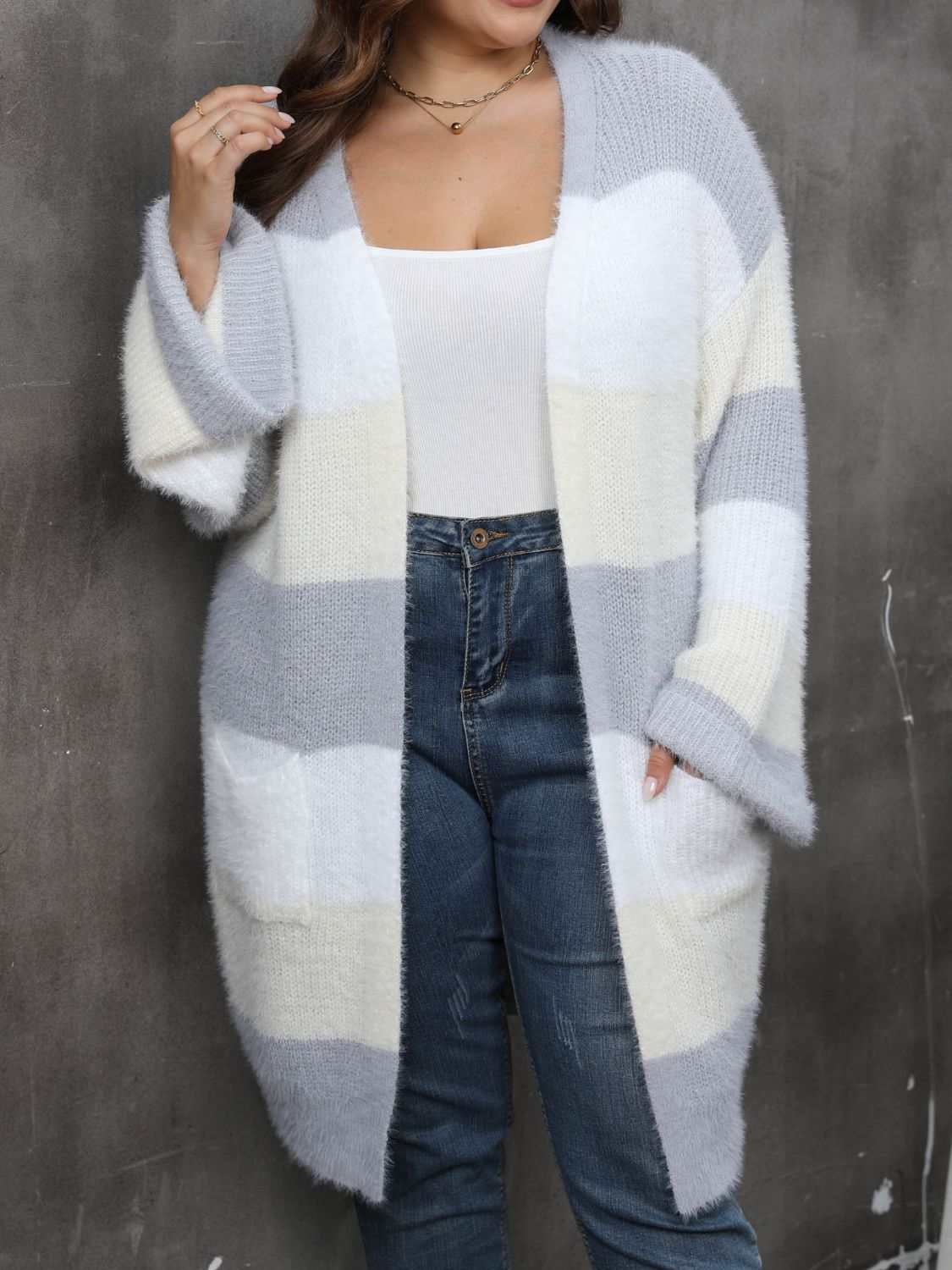 Plus size open front long sleeve cardigan in gray and white stripes.