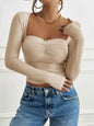 Devine Cutout Square Neck Long Sleeve T-Shirt, beige, highly stretchy viscose-elastane fabric.