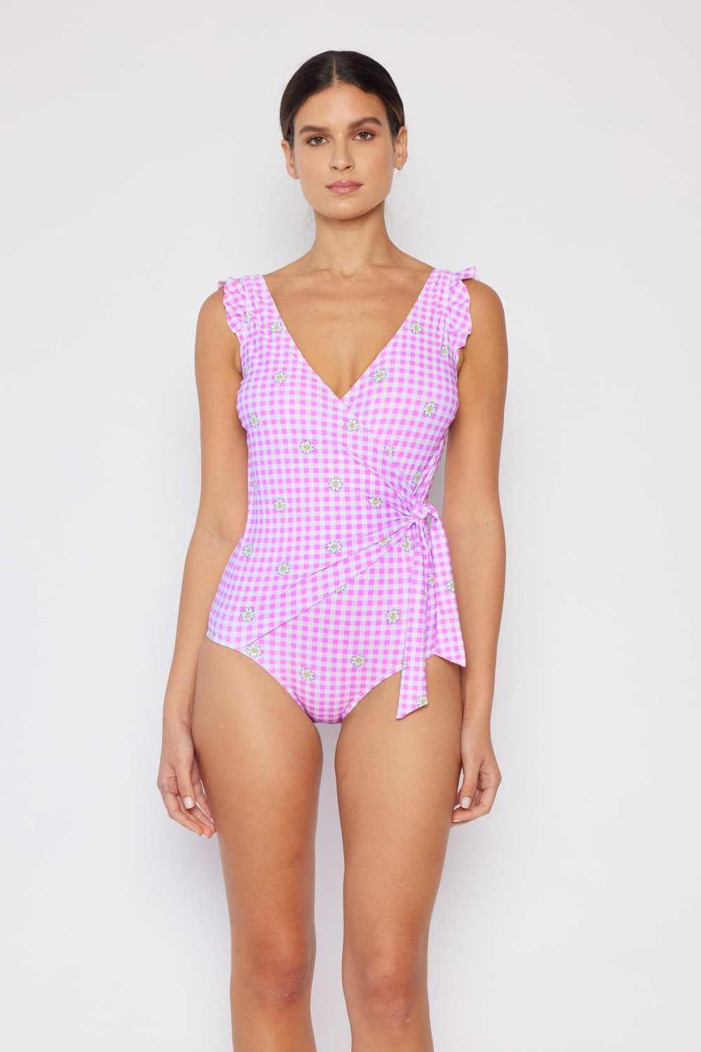 Marina West Swim Full Size Ruffle Faux Wrap One-Piece in Carnation Pink with Plaid and Floral Pattern