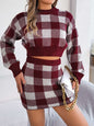 Plaid Round Neck Top and Skirt Sweater Set Burgundy 