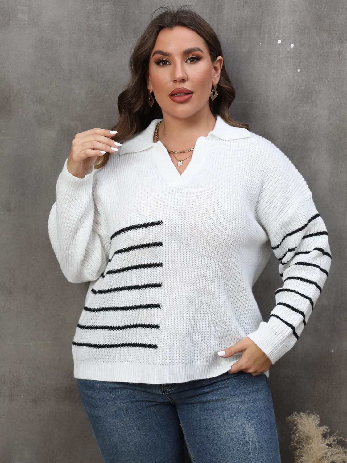 Plus size striped V-neck sweater with long sleeves and Johnny collar.