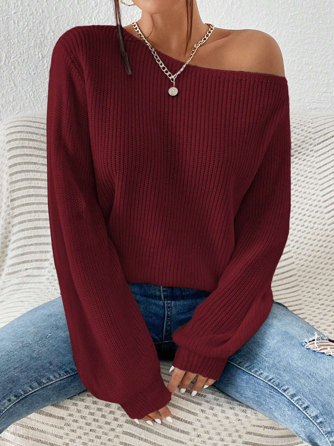 Honey Single Shoulder Long Sleeve Sweater Burgundy 