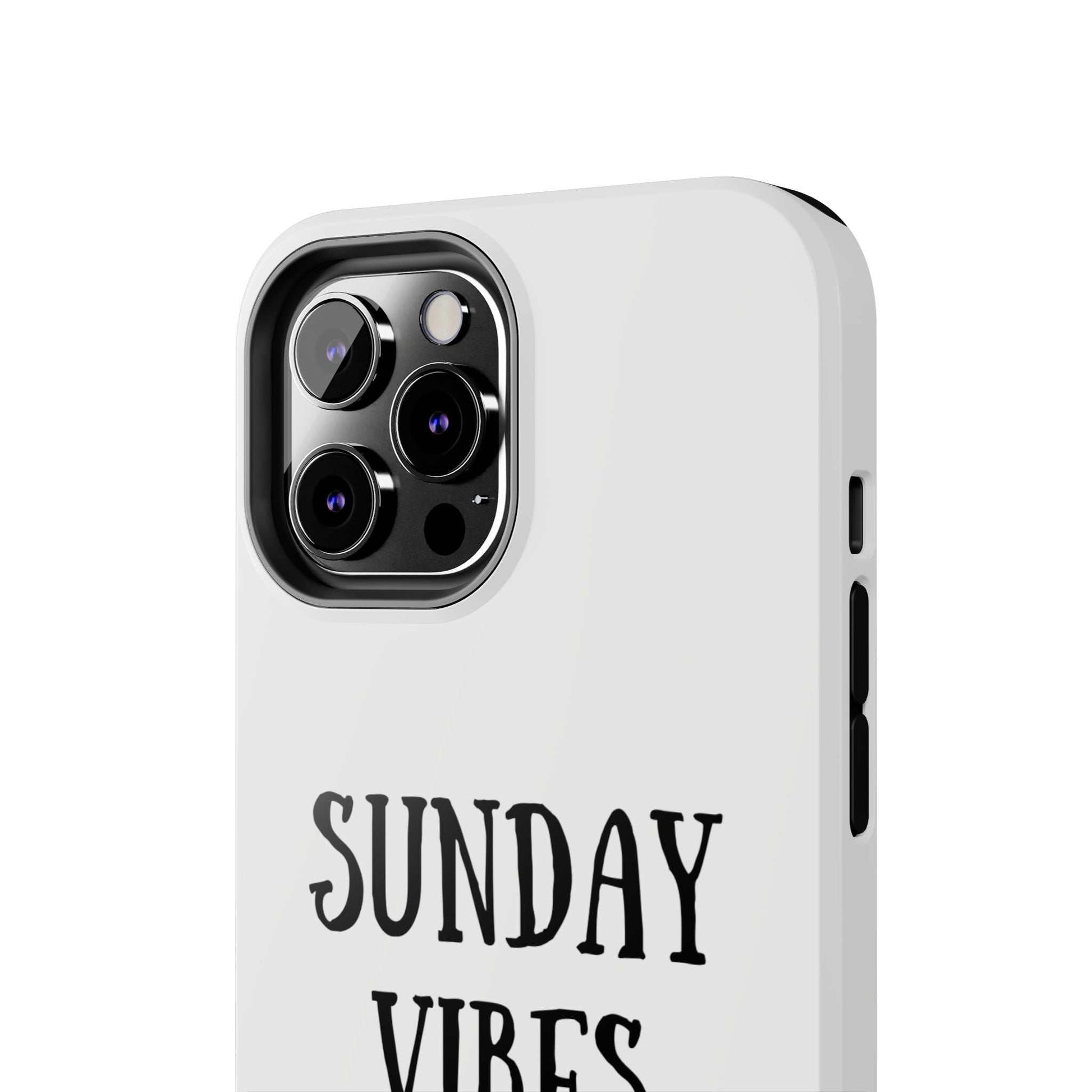 'Sunday Vibes' sun graphic phone case, durable Lexan plastic, glossy finish, UV protection.