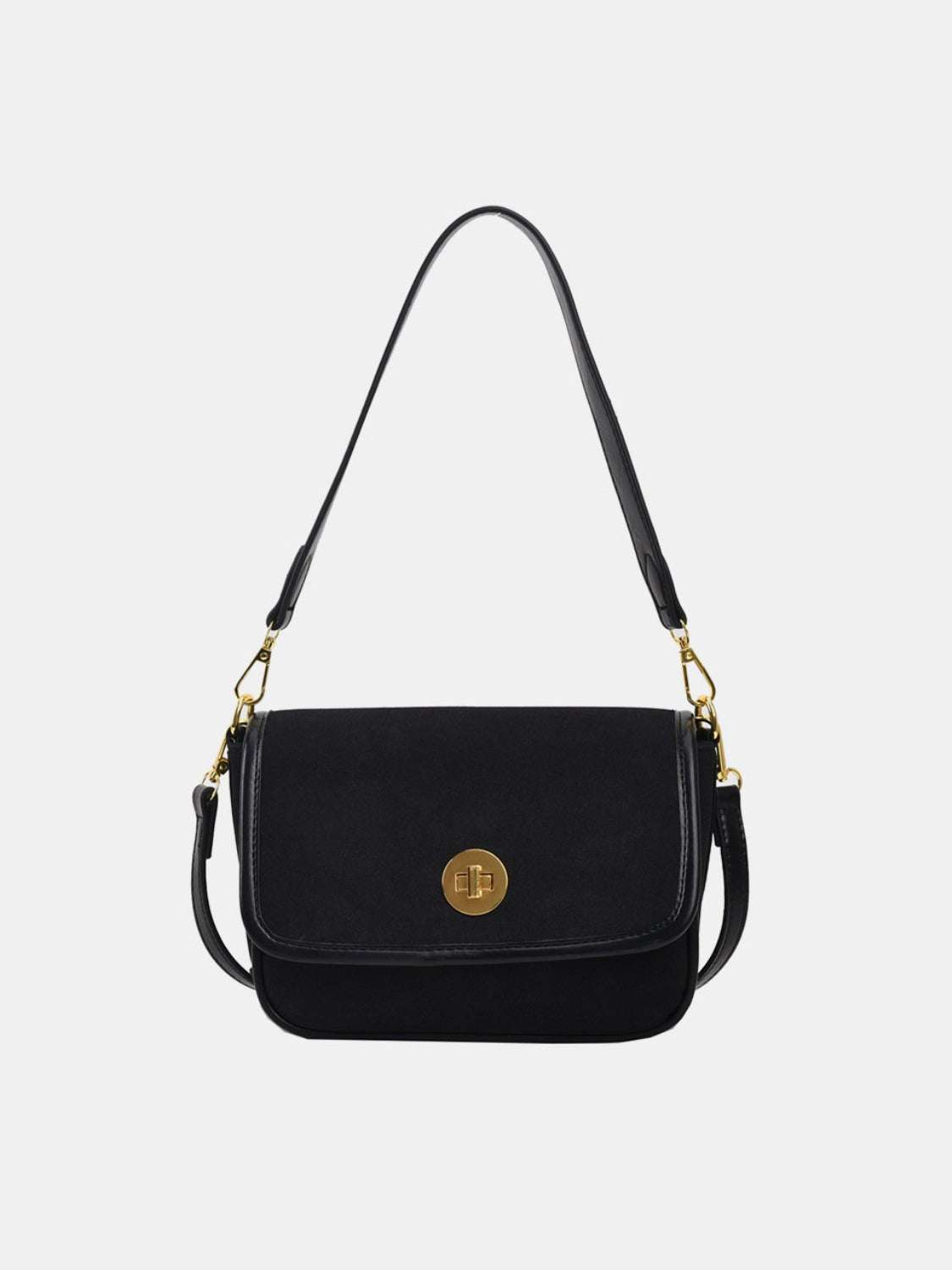 Small PU leather suede twist-lock shoulder bag in black with gold accents.