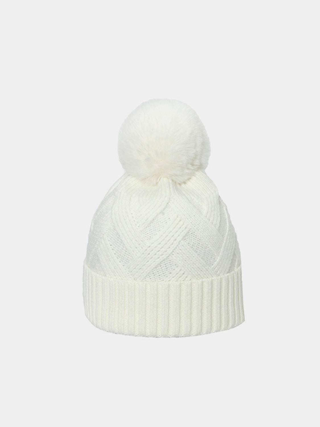 White roll rim hat with pompom made of acrylic and polyester, height 7.9 inches, circumference 22-22.8 inches.