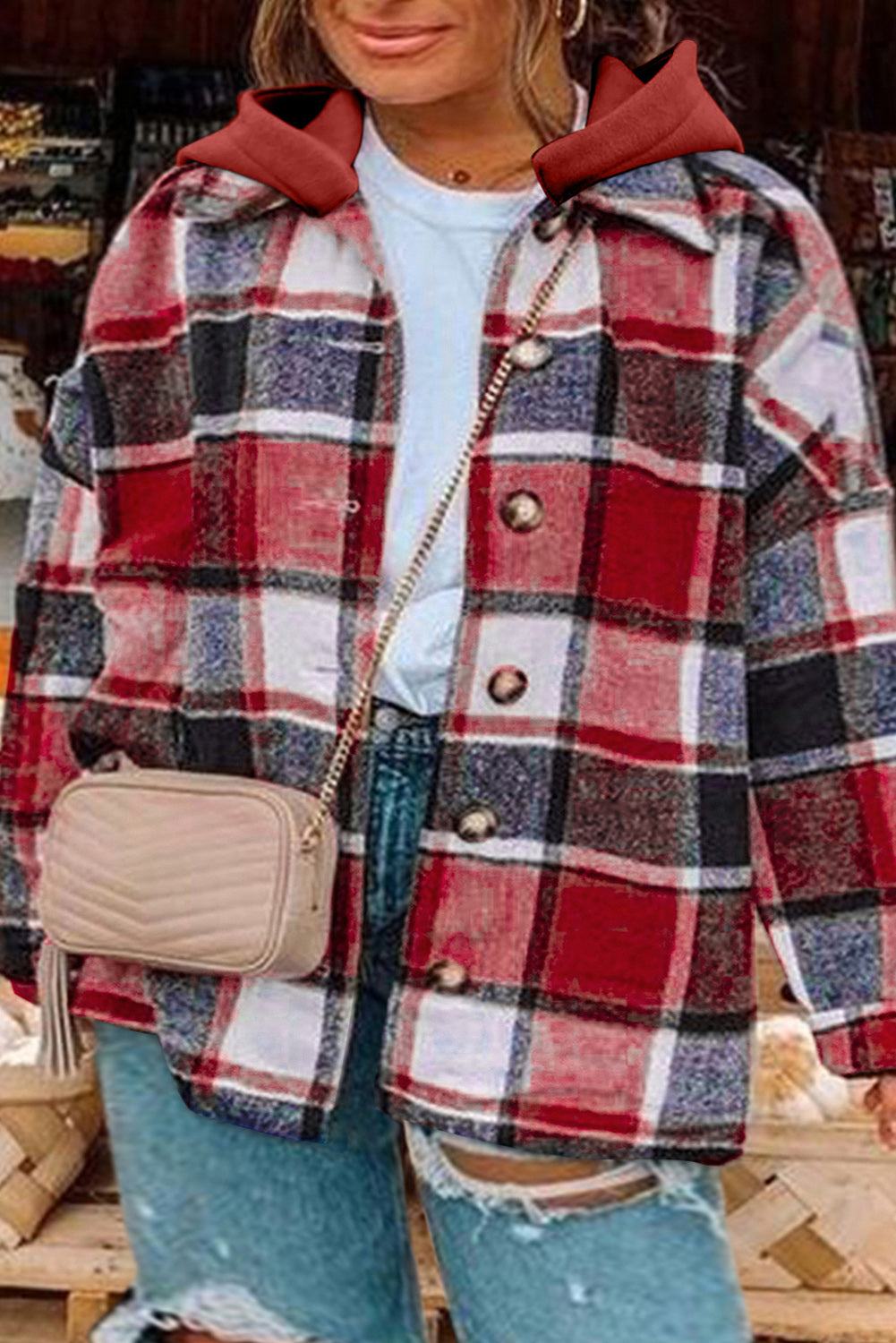 Plus Size Plaid Button Up Hooded Jacket Plaid