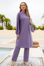 Cap, drawstring mock neck long sleeve top and pants swim set in purple, three-piece, highly stretchy fabric.