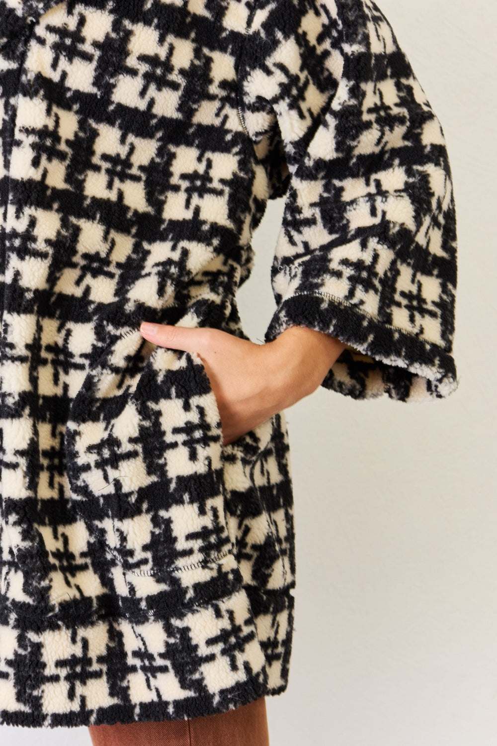 NNA Fuzzy Plaid Waist Tie Hooded Robe Cardigan in black and white, comfortable loungewear.