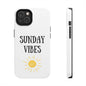 Phone case with 'Sunday Vibes' text and sun graphic design, durable Lexan plastic, shock-absorbing, glossy finish, UV protection.