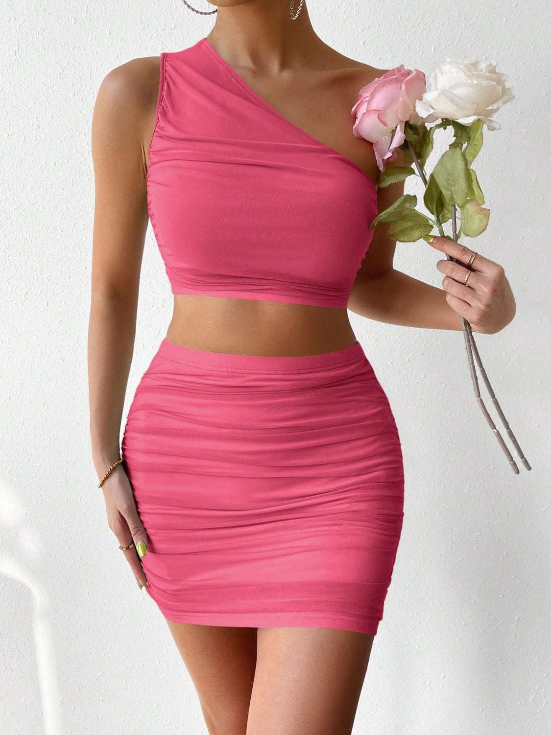 Ruched Single Shoulder Top and Skirt Set Deep Rose