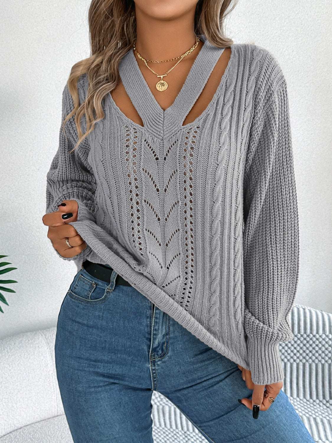 Cutout V-Neck Long Sleeve Sweater Gray